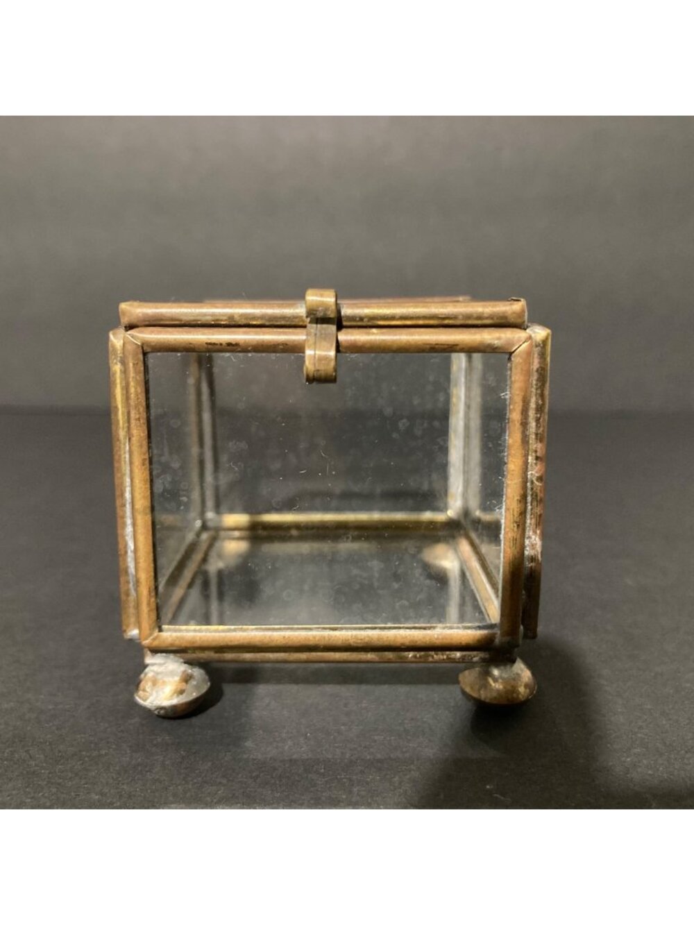 Vintage Glass & Brass Square Trinket Box With Hinged Lid And Four Ball Feet